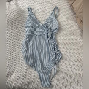 Old Navy Light Blue and White Striped Maternity Swim Suit